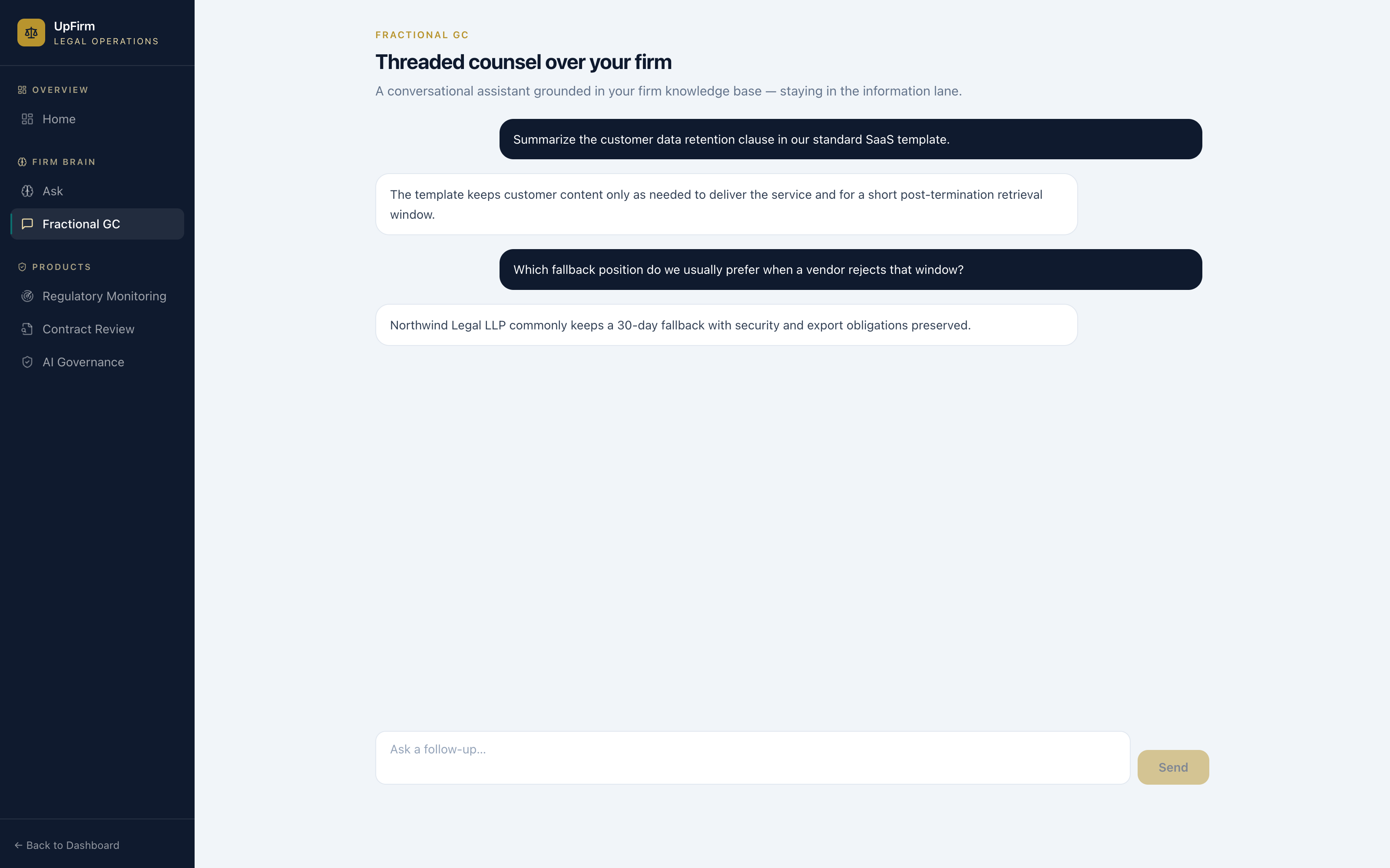 Fractional GC threaded conversation answering data-retention questions grounded in the firm's templates