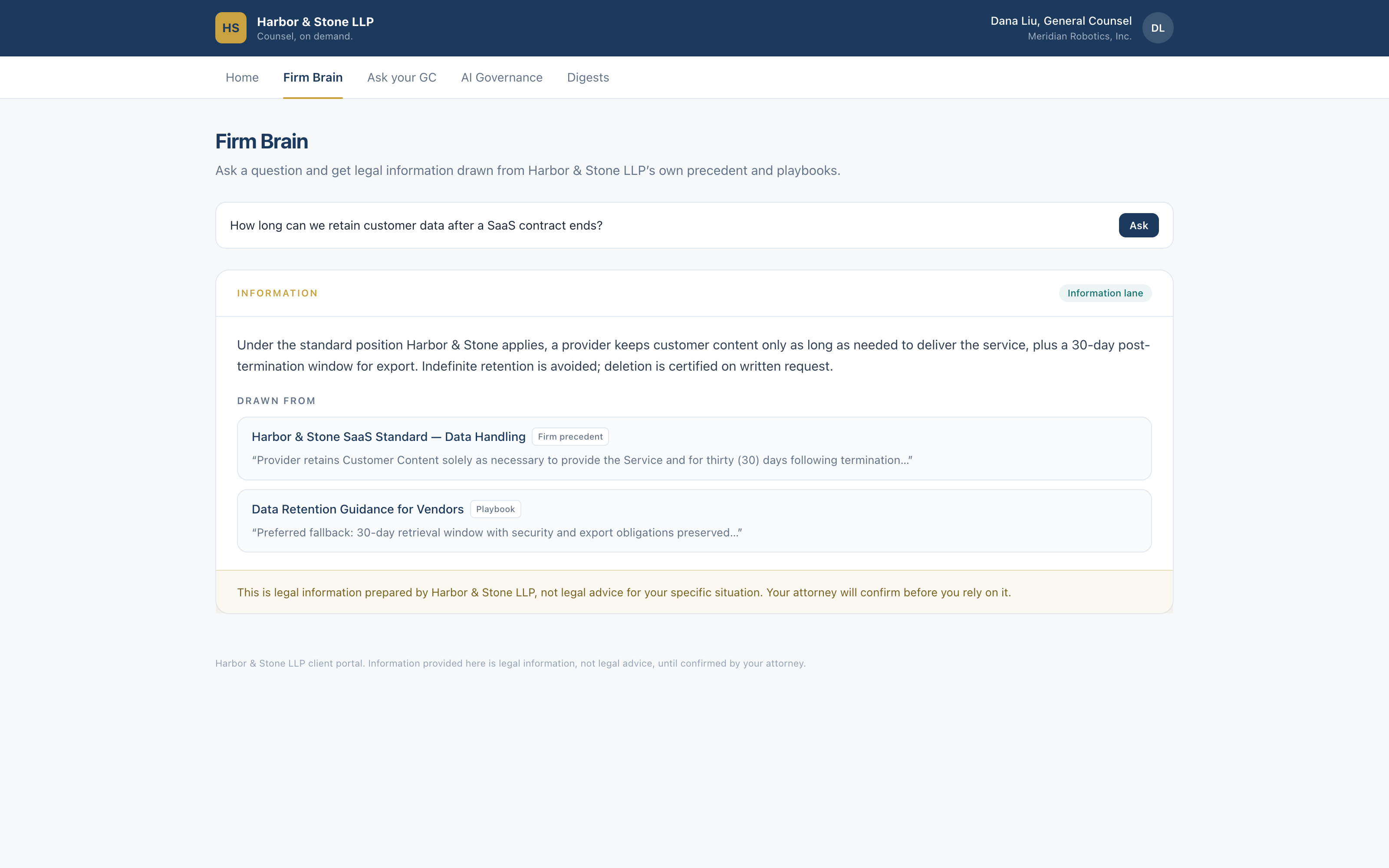 Branded client-portal Firm Brain returning a citation-grounded answer in the information lane