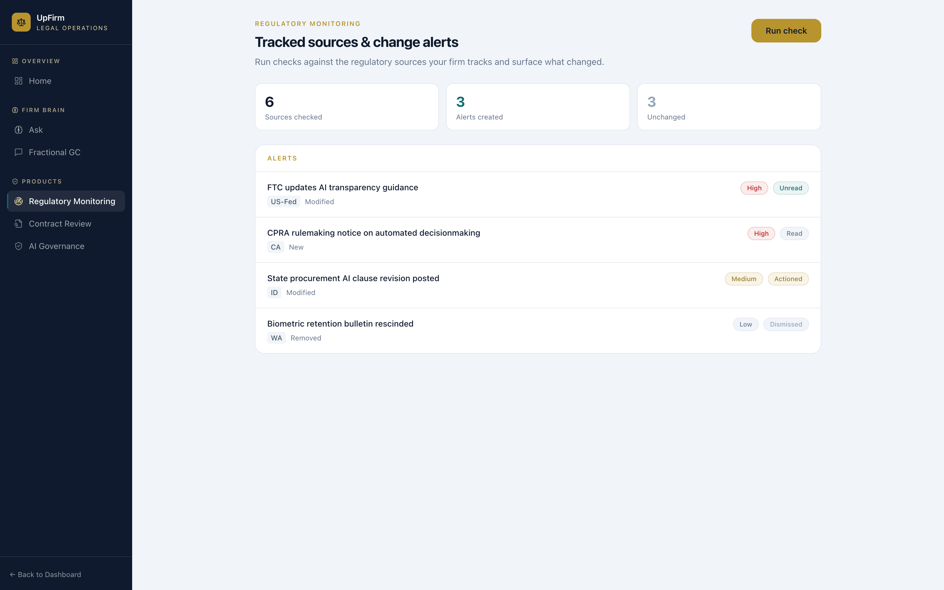 Regulatory monitoring feed showing tracked sources and change alerts with severity and status badges